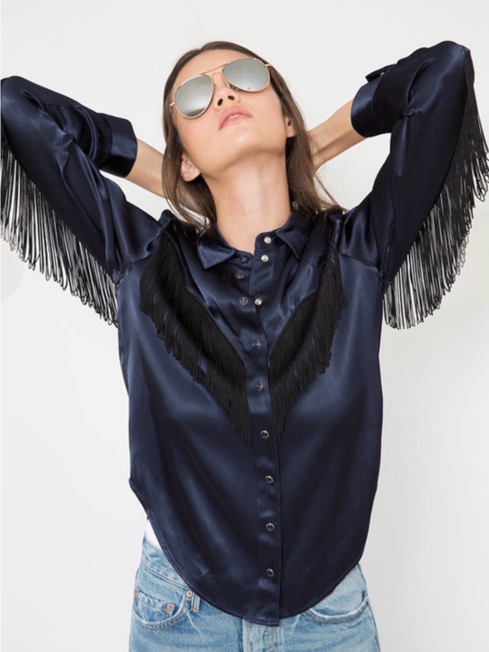 GANNI DONNELLY FRINGED SATIN SHIRT - Picture 2 of 4
